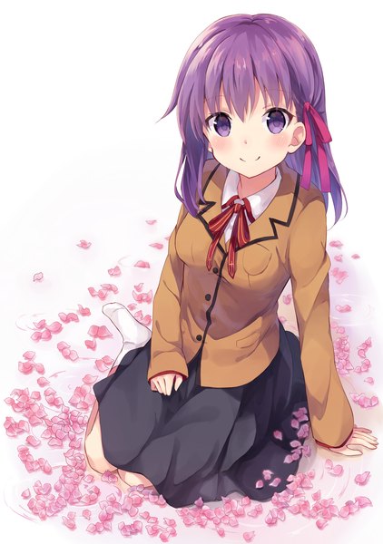 Anime picture 1900x2700 with fate (series) fate/stay night type-moon matou sakura nonono (nononotea) single long hair tall image looking at viewer blush fringe highres breasts simple background smile white background purple eyes purple hair arm support no shoes