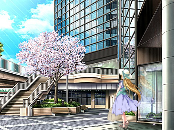 Anime picture 1600x1200 with kanon key (studio) long hair blonde hair wind from behind sunlight cherry blossoms city reflection girl hat petals building (buildings) bag stairs sandals bridge