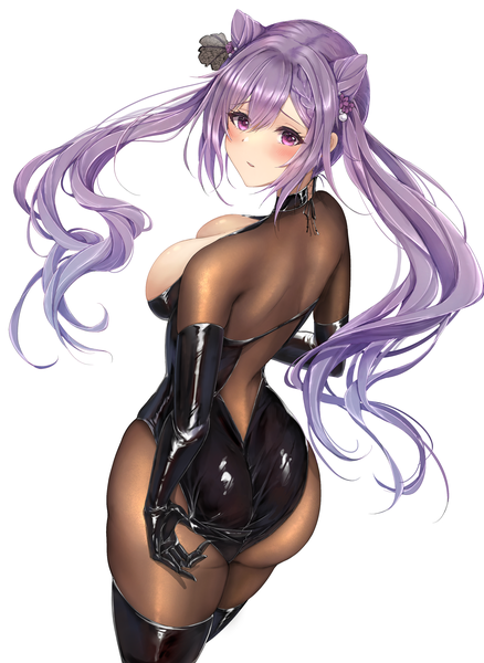 Anime picture 2300x3148 with genshin impact keqing (genshin impact) nyome991 single long hair tall image looking at viewer fringe highres breasts open mouth light erotic simple background hair between eyes large breasts white background purple eyes twintails purple hair braid (braids)