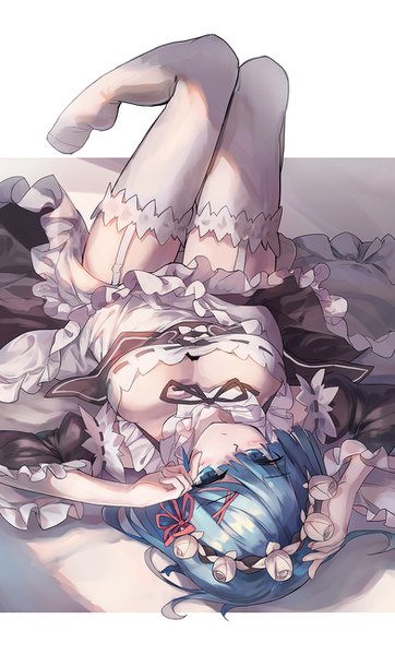 Anime picture 785x1300 with re:zero kara hajimeru isekai seikatsu white fox rem (re:zero) huanxiang huifeng single tall image blush fringe short hair breasts blue eyes light erotic simple background hair between eyes blue hair cleavage full body bent knee (knees) lying arms up