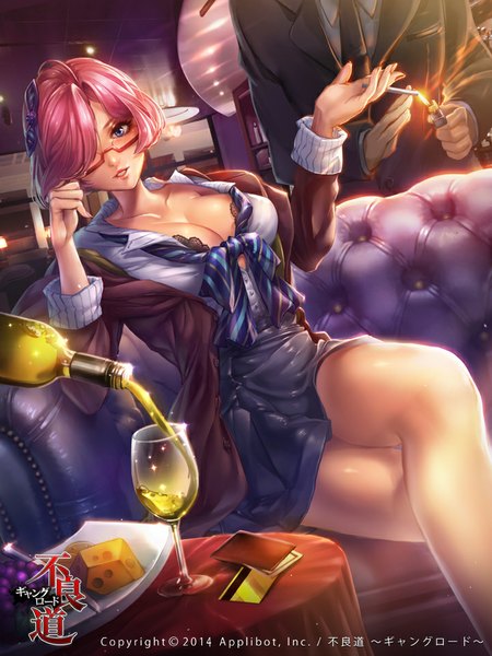 Anime picture 720x960 with furyou michi ~gang road~ wooju tall image fringe short hair blue eyes light erotic sitting pink hair cleavage hair over one eye crossed legs smoking girl dress glasses couch wine glass
