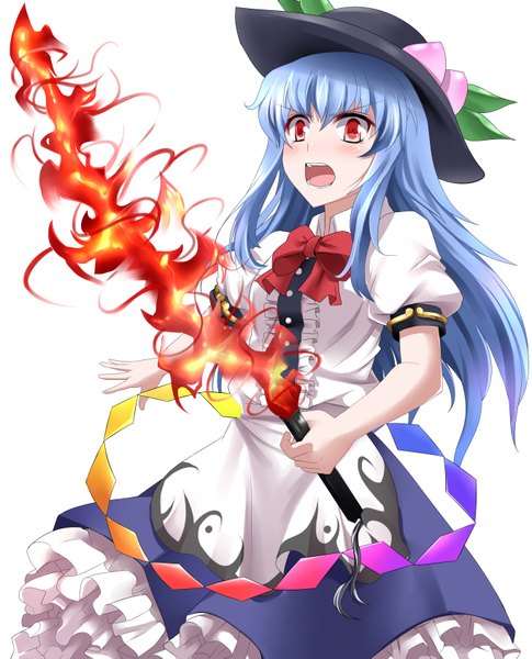 Anime picture 2728x3377 with touhou hinanawi tenshi eo (artist) single long hair tall image blush highres open mouth red eyes blue hair girl dress weapon hat sword fire hisou no tsurugi