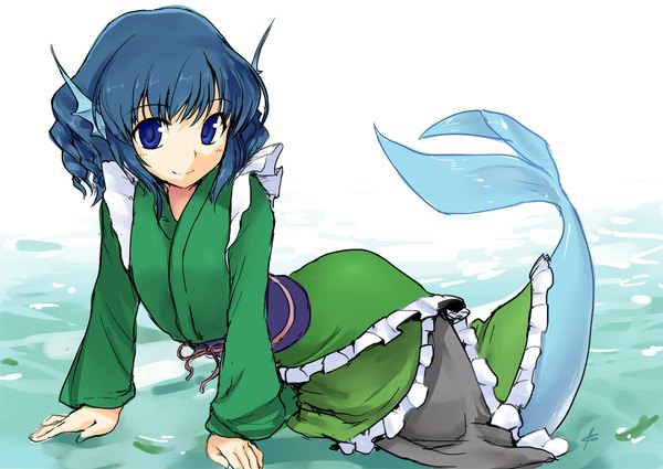 Anime picture 1180x836 with touhou wakasagihime sys-lila (artist) single looking at viewer fringe short hair blue eyes simple background smile blue hair traditional clothes japanese clothes pointy ears girl water mermaid