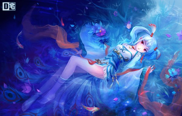 Anime picture 1200x764 with original d-zhai single long hair red eyes blue hair lying barefoot fingernails long fingernails girl dress flower (flowers) petals choker water feather (feathers) fish (fishes) shawl medal
