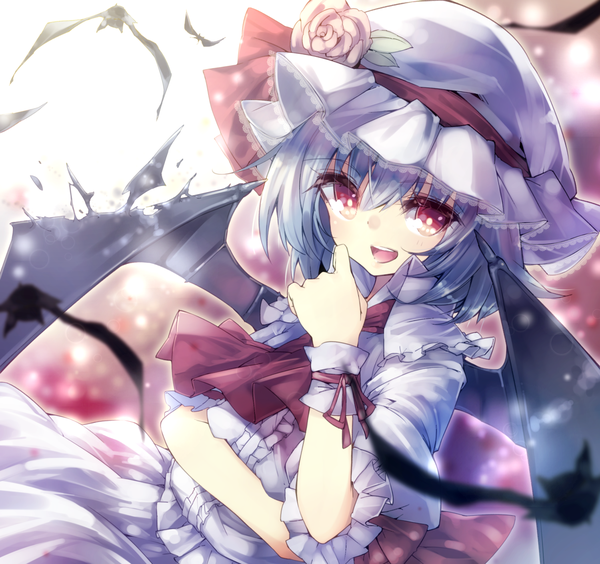 Anime picture 1500x1410 with touhou remilia scarlet teco uk single short hair open mouth red eyes silver hair girl dress flower (flowers) wings bonnet bat
