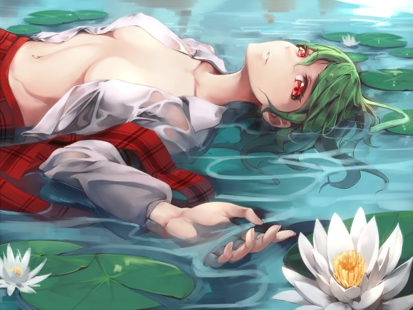 Anime picture 1200x900 with touhou kazami yuuka asutora single looking at viewer short hair breasts light erotic red eyes green eyes lying light smile open clothes no bra bare belly open shirt erect nipples partially submerged covered nipples wet clothes