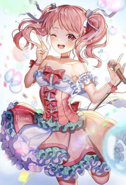 Anime picture 700x1029 with bang dream! maruyama aya posom single tall image looking at viewer blush fringe short hair open mouth smile standing twintails bare shoulders holding signed pink hair one eye closed pink eyes wink