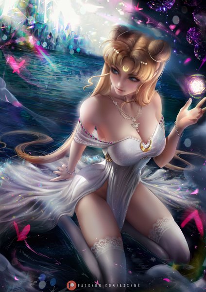 Anime picture 3532x5000 with bishoujo senshi sailor moon toei animation tsukino usagi princess serenity axsen single long hair tall image fringe highres breasts blue eyes light erotic blonde hair smile large breasts sitting looking away absurdres cleavage