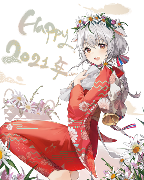 Anime picture 960x1200 with original yampa single long hair tall image looking at viewer fringe open mouth hair between eyes white background brown eyes animal ears silver hair tail braid (braids) traditional clothes :d japanese clothes animal tail barefoot
