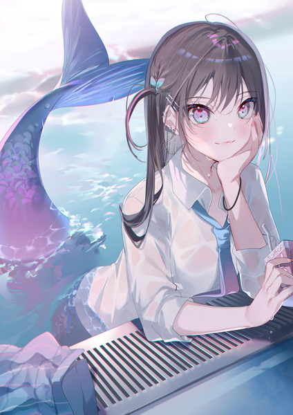 Anime picture 1158x1637 with original miwano rag single long hair tall image looking at viewer blush fringe blue eyes black hair smile holding nail polish fingernails one side up partially submerged piercing ear piercing wet clothes head rest