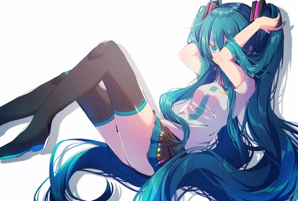 Anime picture 2039x1378 with vocaloid hatsune miku nuko 0108 single long hair looking at viewer highres light erotic simple background white background twintails very long hair nail polish aqua eyes aqua hair arms up covering eye (eyes) girl skirt hair ornament