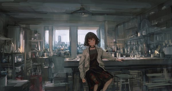 Anime picture 1600x853 with original lm7 (op-center) single looking at viewer fringe short hair brown hair wide image sitting signed indoors blurry arm support open jacket orange eyes city cityscape laboratory girl dress