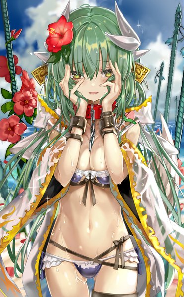 Anime picture 619x1000 with fate (series) fate/grand order kiyohime (fate) kiyohime (swimsuit lancer) (fate) shino (eefy) single long hair tall image fringe breasts open mouth light erotic hair between eyes large breasts yellow eyes sky cloud (clouds) hair flower horn (horns) green hair
