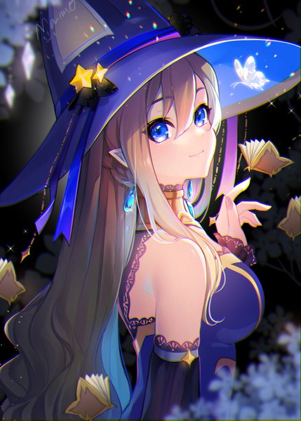 Anime picture 1500x2098 with original mamo (fortune-mm) single long hair tall image looking at viewer fringe breasts blue eyes blonde hair smile hair between eyes large breasts signed upper body fingernails pointy ears sparkle anaglyph girl