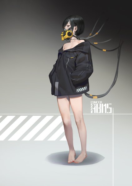 Anime picture 800x1132 with original cancer (zjcconan) single tall image looking at viewer fringe short hair light erotic black hair simple background standing signed full body nail polish profile barefoot black eyes off shoulder inscription grey background