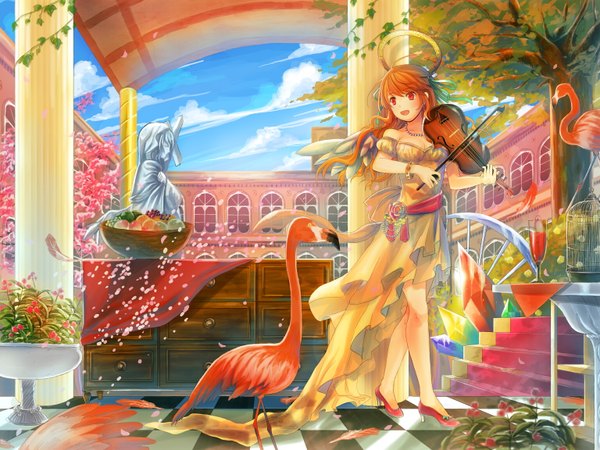 Anime picture 1536x1152 with original hayama eishi single long hair open mouth red eyes brown hair standing sky cloud (clouds) wind orange hair checkered girl dress plant (plants) animal petals tree (trees) food