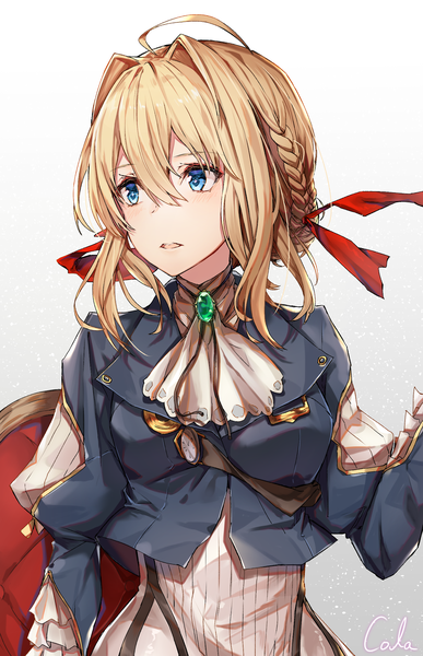 Anime picture 1464x2266 with violet evergarden kyoto animation violet evergarden (character) black cola single long hair tall image fringe blue eyes blonde hair simple background hair between eyes standing signed looking away ahoge upper body braid (braids) long sleeves parted lips