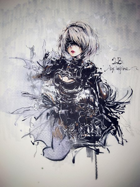 Anime picture 1215x1620 with nier nier:automata yorha no. 2 type b impimo single tall image short hair breasts signed silver hair mole character names lipstick red lipstick mole under mouth traditional media blindfold girl dress black dress