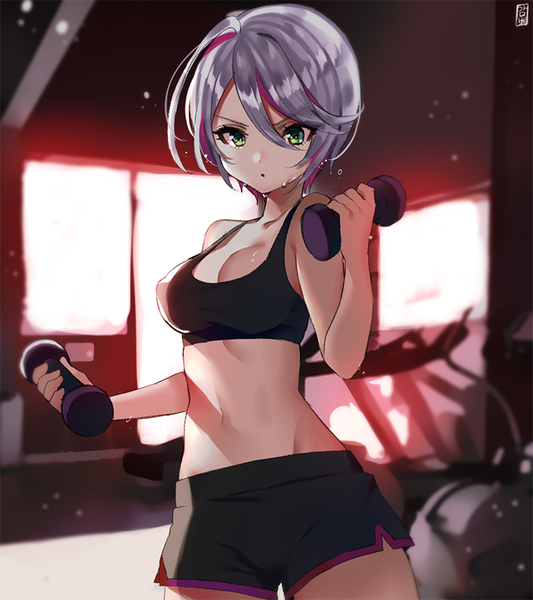 Anime picture 712x802 with puri para pretty (series) shikyouin hibiki gambe single tall image looking at viewer fringe short hair breasts hair between eyes large breasts bare shoulders holding green eyes pink hair silver hair parted lips multicolored hair sunlight