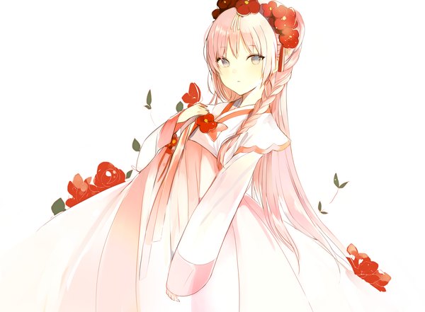 Anime picture 1502x1105 with original lpip single long hair looking at viewer blush fringe open mouth simple background white background brown eyes payot pink hair traditional clothes japanese clothes hair flower grey eyes hand on chest sleeves past wrists arched back