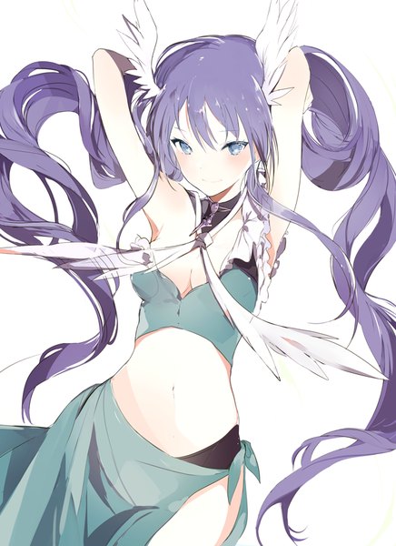 Anime picture 650x893 with original lpip single tall image looking at viewer blush fringe blue eyes light erotic simple background smile hair between eyes standing white background purple eyes twintails bare shoulders cleavage very long hair no bra