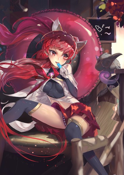 Anime-Bild 1200x1698 mit league of legends jinx (league of legends) star guardian jinx rabbit (tukenitian) single tall image blush breasts open mouth light erotic red eyes sitting signed looking away bent knee (knees) red hair indoors pleated skirt multicolored hair shadow