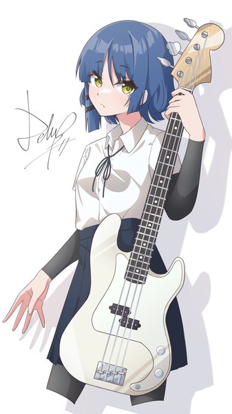 Anime picture 3240x5760 with bocchi the rock! cloverworks yamada ryou strings-lover single tall image looking at viewer highres short hair simple background white background green eyes blue hair absurdres mole mole under eye girl musical instrument guitar bass guitar