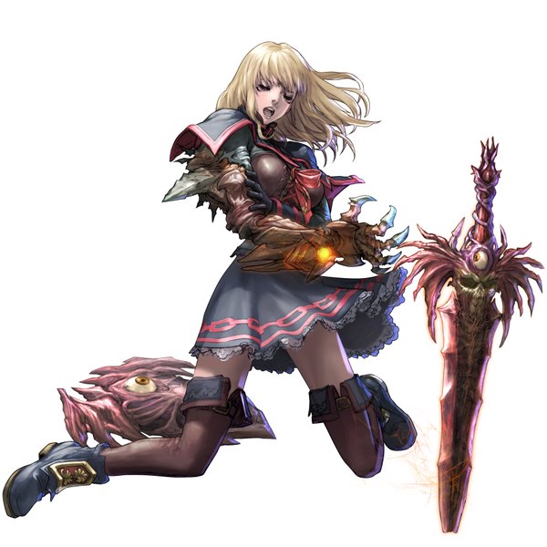 Anime picture 3530x3530 with soulcalibur pyrrha alexandra single long hair highres open mouth blonde hair absurdres eyes closed girl thighhighs skirt weapon sword armor