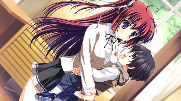 Anime picture 1024x576 with uni. special limited edition (game) long hair short hair open mouth blue eyes black hair wide image brown eyes game cg ahoge red hair girl child (children)