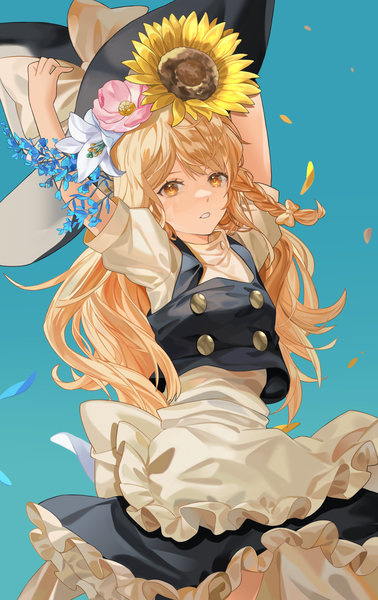 Anime picture 1602x2540 with touhou kirisame marisa reki (user rcrd4534) single long hair tall image blonde hair yellow eyes braid (braids) hair flower arms up side braid aqua background girl flower (flowers) hat petals witch hat sunflower lily (flower)