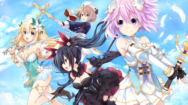 Anime-Bild 3840x2160 mit choujigen game neptune noire neptune (choujigen game neptune) vert blanc tsunako long hair fringe highres short hair breasts open mouth black hair blonde hair smile hair between eyes brown hair wide image purple eyes twintails