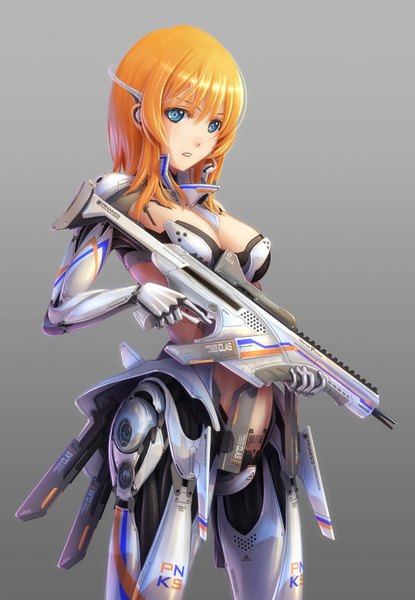 Anime picture 1000x1446 with original pinakes single long hair tall image blue eyes orange hair grey background girl headphones gun bodysuit assault rifle barcode
