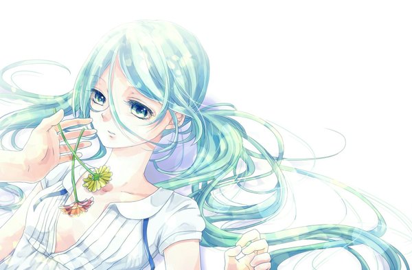 Anime picture 1800x1179 with vocaloid hatsune miku hona (platinum egg) single long hair highres simple background white background looking away aqua eyes aqua hair girl dress flower (flowers)