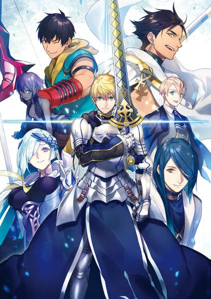 Anime picture 950x1346 with fate (series) fate/zero fate/prototype arthur pendragon (fate) hassan of serenity (fate) berserker (fate/zero) ozymandias (fate) brynhildr (fate) caster (fate/prototype fragments) archer (fate/prototype fragments) nakahara (mu tation) long hair tall image fringe short hair open mouth light erotic black hair blonde hair smile