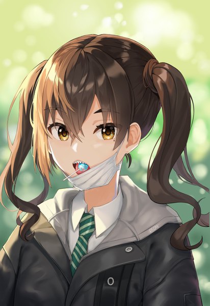 Anime picture 825x1200 with idolmaster idolmaster cinderella girls sunazuka akira dopoing single long hair tall image looking at viewer fringe open mouth hair between eyes brown hair twintails brown eyes payot upper body mole teeth mole under eye portrait