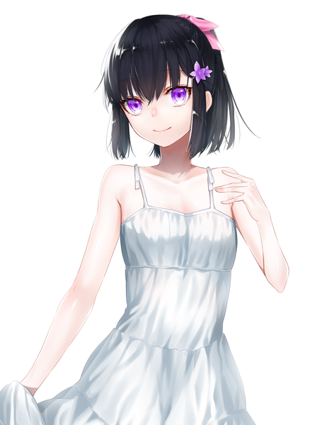 Anime picture 800x1055 with original waka (shark waka) single tall image looking at viewer fringe short hair breasts black hair simple background smile hair between eyes standing white background purple eyes bare shoulders payot ponytail arm up hair flower