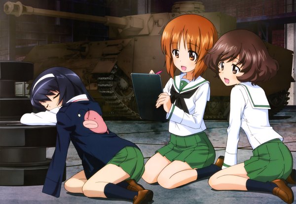 Anime picture 5936x4094 with girls und panzer nyantype nishizumi miho akiyama yukari reizei mako long hair highres short hair open mouth black hair brown hair multiple girls absurdres official art sleeping girl skirt uniform weapon school uniform