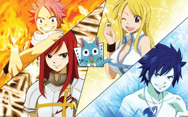 Anime picture 1600x1000 with fairy tail lucy heartfilia erza scarlet natsu dragneel gray fullbuster happy (fairy tail) short hair breasts open mouth blonde hair smile wide image large breasts multiple girls brown eyes blue hair pink hair red hair one eye closed wink
