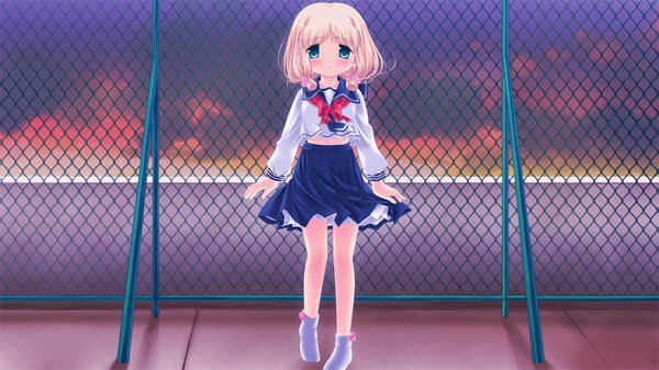 Anime picture 1024x576 with sanarara r nekoneko soft single blush short hair blue eyes blonde hair wide image twintails game cg short twintails girl skirt serafuku fence