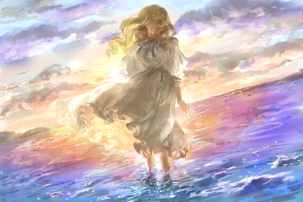 Anime picture 3000x2000 with omoide no marnie studio ghibli marnie mukuinu single long hair looking at viewer highres blonde hair standing green eyes sky cloud (clouds) sunlight girl dress water white dress sea