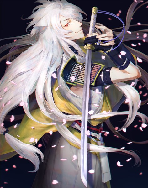 Anime picture 1000x1270 with touken ranbu nitroplus kogitsunemaru rowya single long hair tall image looking at viewer fringe smile red eyes holding white hair traditional clothes japanese clothes profile wind lips hair over one eye eyebrows