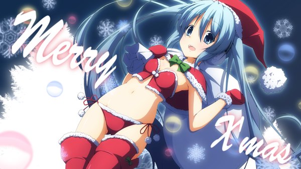 Anime picture 1920x1080 with vocaloid hatsune miku yuzuki kei single long hair fringe highres open mouth blue eyes light erotic hair between eyes wide image twintails blue hair dutch angle fur trim christmas merry christmas girl navel