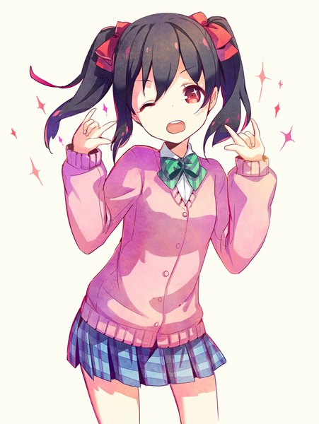 Anime picture 800x1065 with love live! school idol project sunrise (studio) love live! yazawa nico h2so4 single long hair tall image looking at viewer open mouth black hair simple background red eyes white background twintails pleated skirt one eye closed wink plaid skirt mmm