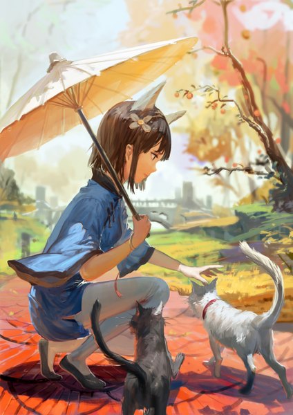 Anime picture 1767x2500 with original november (jeanex) tall image highres short hair brown hair sitting brown eyes animal ears profile cat ears girl thighhighs dress hair ornament plant (plants) animal white thighhighs tree (trees) umbrella