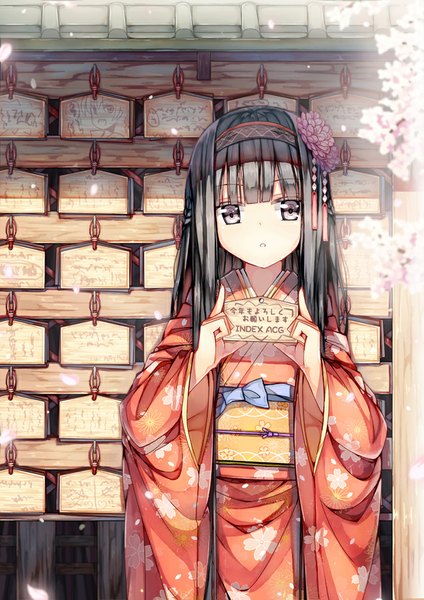 Anime-Bild 650x919 mit original 90i single long hair tall image looking at viewer fringe black hair standing traditional clothes japanese clothes cherry blossoms floral print silver eyes girl hair ornament plant (plants) tree (trees) obi yukata