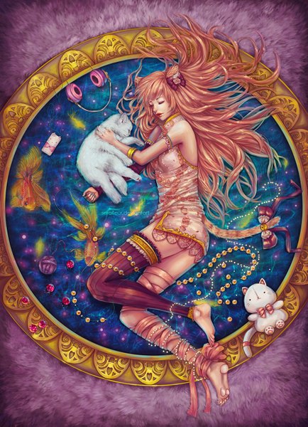 Anime picture 1000x1381 with original abigail diaz long hair tall image animal ears pink hair bent knee (knees) tail lying eyes closed nail polish traditional clothes animal tail barefoot lips cat ears orange hair realistic cat tail sleeveless