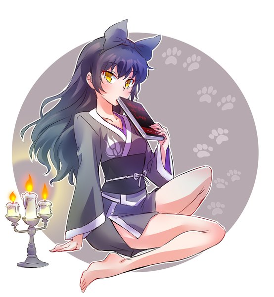 Anime picture 2000x2164 with rwby rooster teeth blake belladonna iesupa single long hair tall image looking at viewer highres black hair yellow eyes traditional clothes japanese clothes barefoot bare legs paw print outline girl bow hair bow