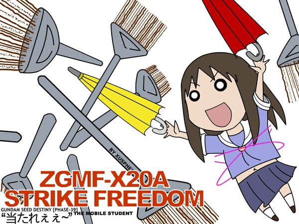 Anime picture 1024x768 with mobile suit gundam azumanga daioh gundam seed destiny gundam seed sunrise (studio) j.c. staff kasuga ayumu parody girl uniform school uniform umbrella broom strike freedom gundam xusphere strike freedom gundam full burst