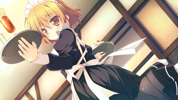 Anime picture 1280x720 with clover day's single blush short hair blonde hair wide image brown eyes game cg maid girl dress headdress maid headdress tray