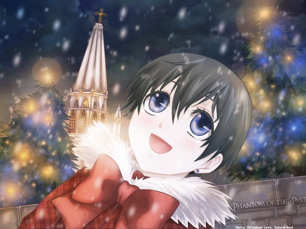 Anime picture 1600x1200 with kuroshitsuji a-1 pictures ciel phantomhive wind snowing christmas winter